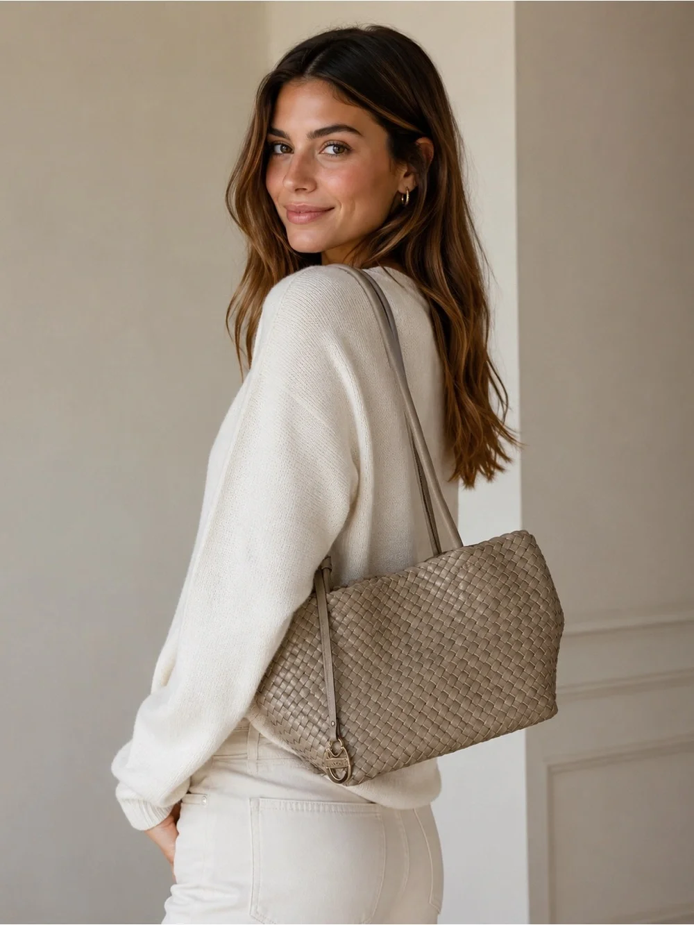 Lodis Woven Leather Shoulder Bag Taupe Gold Hardware